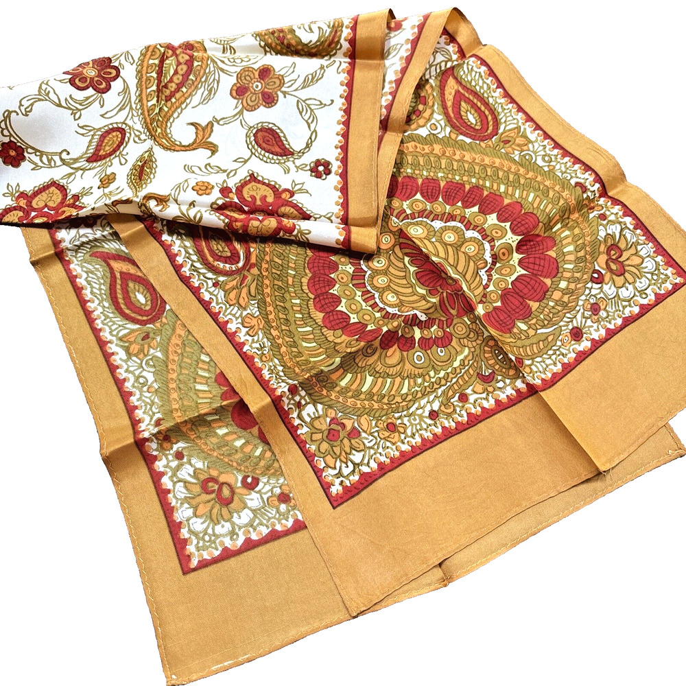 Vintage 1970’s Acetate Silky Scarf Gold Red Green Paisley Rectangle Autumn Color